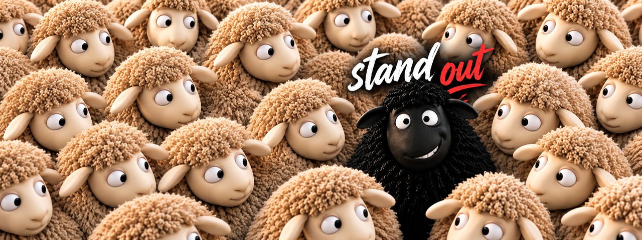 A smiling black sheep standing out from a crowd of beige sheep, under the words stand out